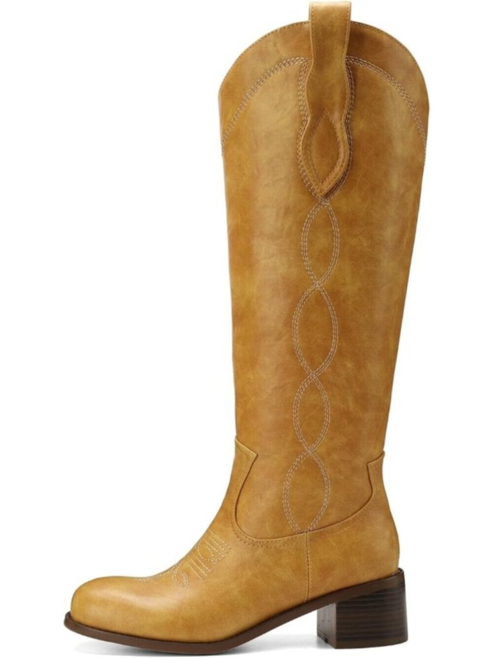 Women's Yellow Square Toe Chunky Block Heel Casual Campus Tall Boots Western